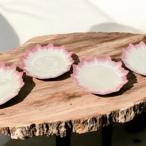 Set of 4 pink and white salad plates, ceramic, Portugal, no cracks or chips, EUC